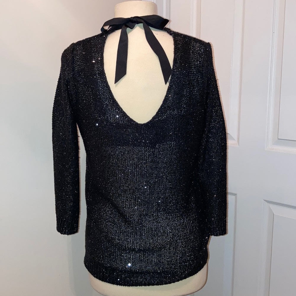 Bow Back Sequin Sparkly Holiday Black Sweater XL